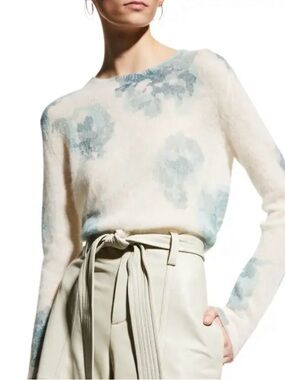 VINCE-Dahlia Floral Print Crewneck Sweater Neutral Blue Beige Size Medium Luxury